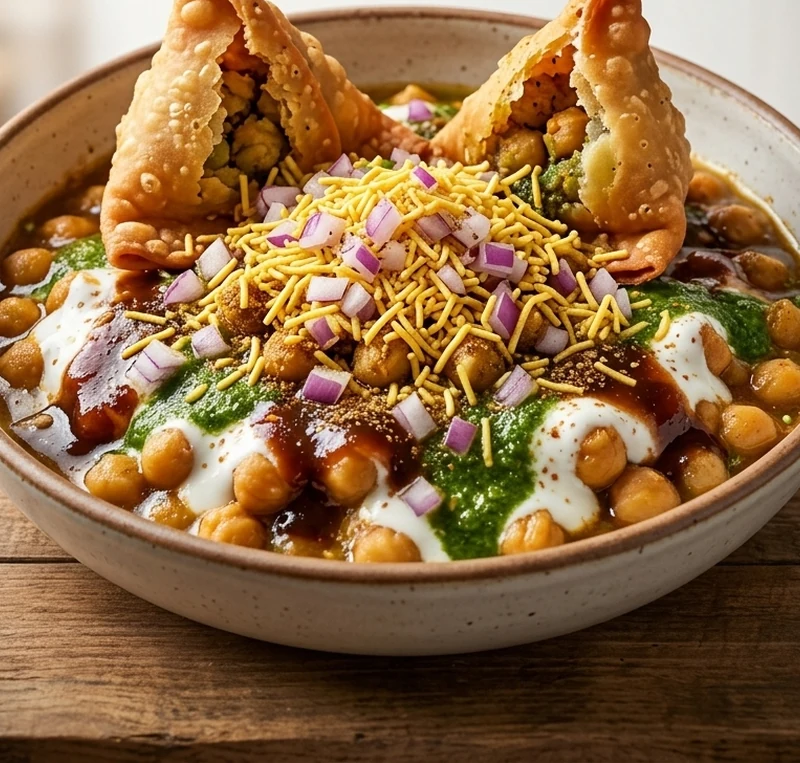 Samosa chaat with chutneys at Cafe Gulzar, Edmonton