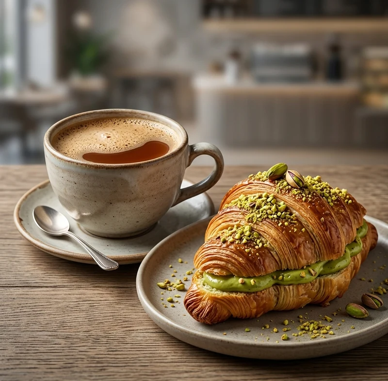 Karak chai and pistachio croissant at Cafe Gulzar, Edmonton