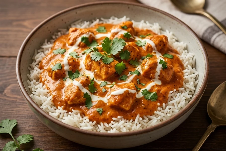 Butter chicken bowl over rice at Cafe Gulzar, south Edmonton